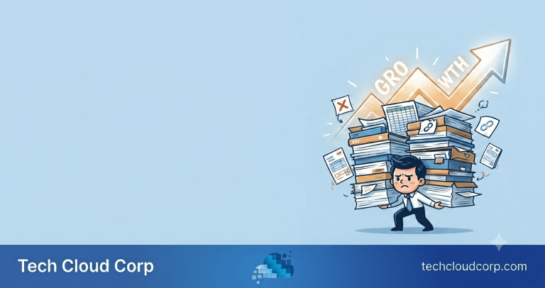 Illustration of a person overwhelmed by a stack of paperwork, representing the hidden cost of manual work