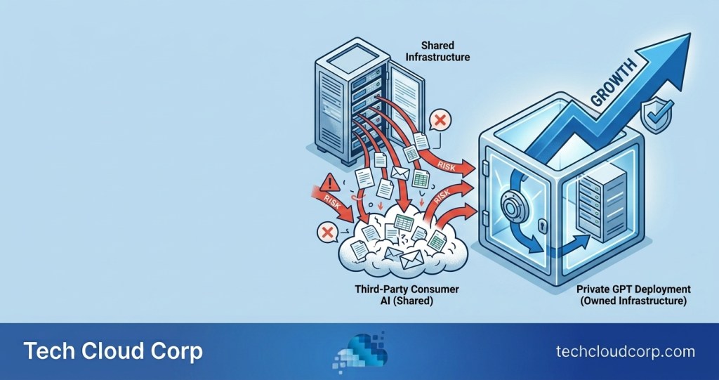 Split illustration contrasting public AI data risk with a secure Private GPT deployment: on the left, business data flowing out to a vulnerable shared cloud with warning icons; on the right, the same workflow secured inside a private, shielded server with a growth arrow