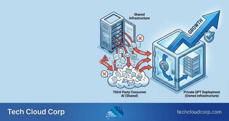 Split illustration contrasting public AI data risk with a secure Private GPT deployment: on the left, business data flowing out to a vulnerable shared cloud with warning icons; on the right, the same workflow secured inside a private, shielded server with a growth arrow