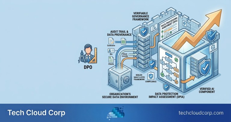 Diagram showing the components of an AI data governance framework, including a Data Protection Officer (DPO), audit trail and data provenance, organisation's secure data environment, Data Processing Agreement (DPA), Data Protection Impact Assessment (DPIA), verified AI component, and a verifiable governance framework, branded by Tech Cloud Corp.